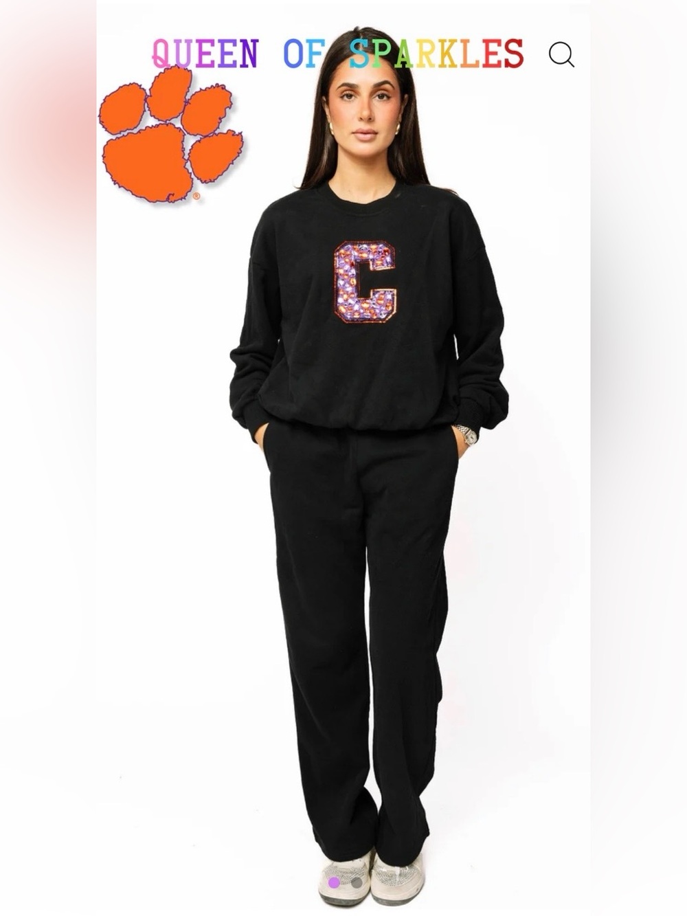 New QOS Set! Clemson Black w/Multi Jewel Letter Sweatshirt & Pant Set. Size XS